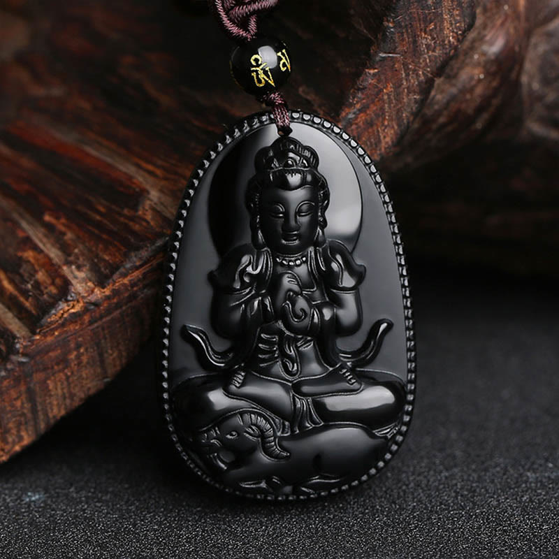 Chinese Zodiac Natal Buddha Natural Black Obsidian Purification Necklace Pendant