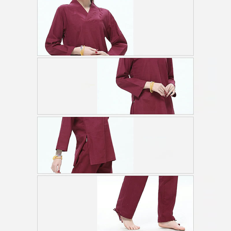 Zen Practice Yoga Meditation Prayer V-neck Design Uniform Cotton Linen Clothing Women's Set