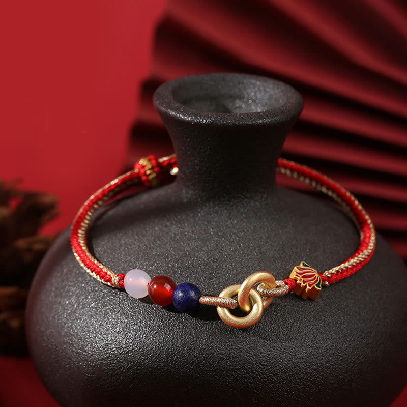 925 Sterling Silver Double Ping An Kou Lotus Jade Red String Bracelet