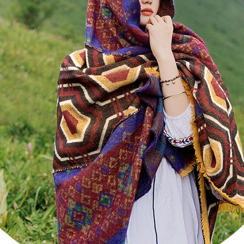 Tibetan Shawl Brown Blue Red Geometric Shapes Pattern Winter Cozy Travel Scarf Wrap