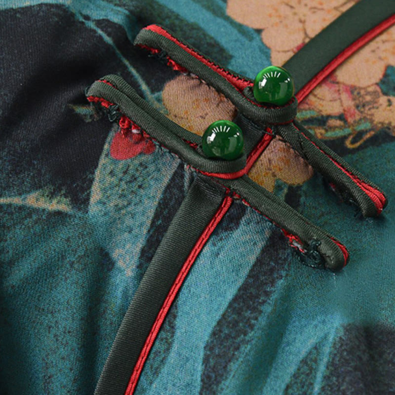 Vintage Pink Flowers Print Cheongsam Dress Women's Qipao Dress