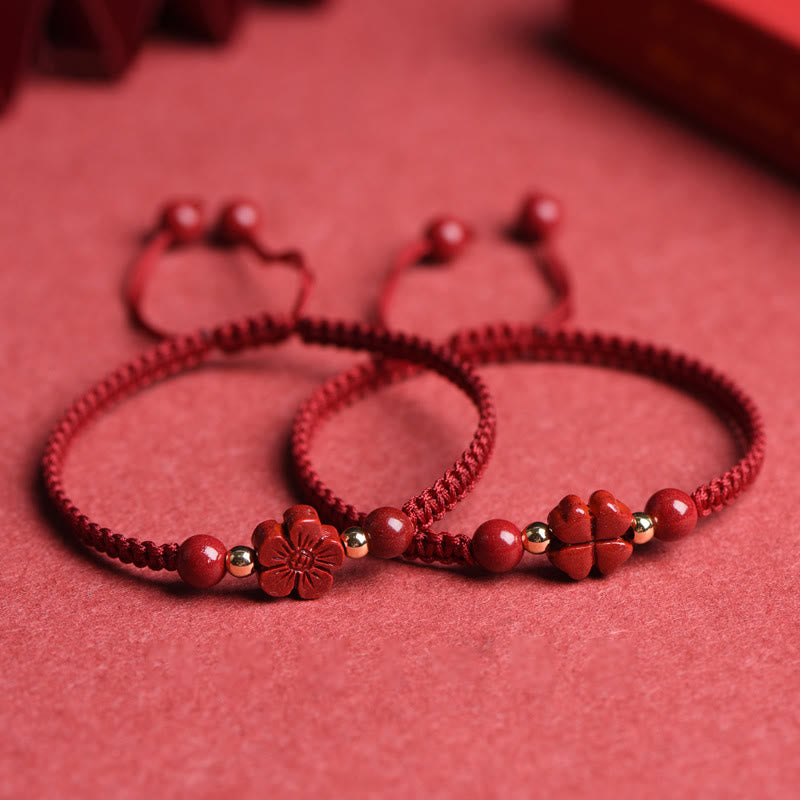 Hand-Woven Red String Cinnabar Clover and Flower Charm Bracelet