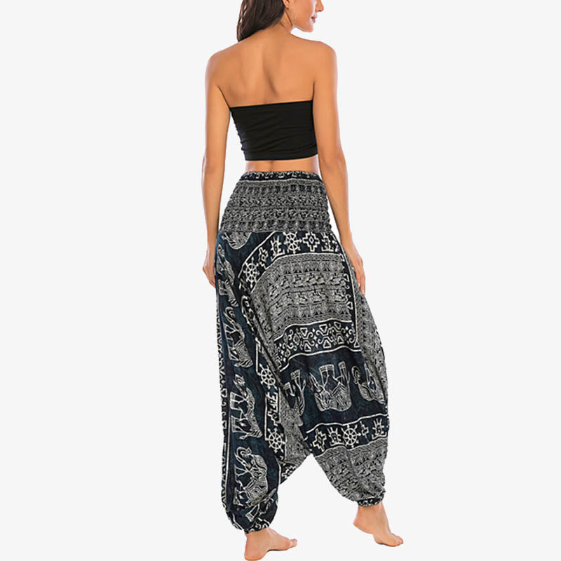 Two Style Wear Elephant Pattern Loose Smocked Harem Trousers Jumpsuit Women's Yoga Pants