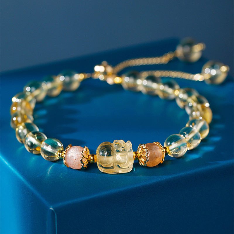 Handmade Natural Gemstone Pixiu Elastic Bracelet for Mindful Intentions
