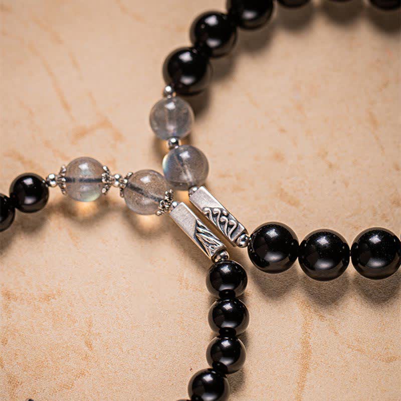 925 Sterling Silver Black Obsidian and Moonstone Beaded Couple Bracelet Set