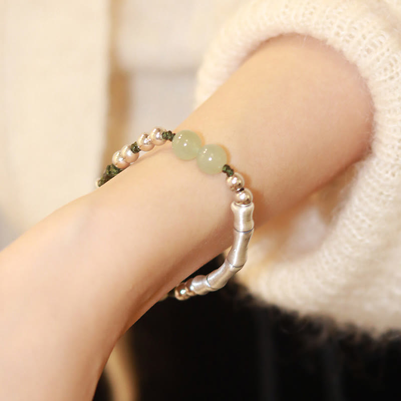 925 Sterling Silver Natural Hetian Jade Bamboo and Fu Character Resilience Bracelet