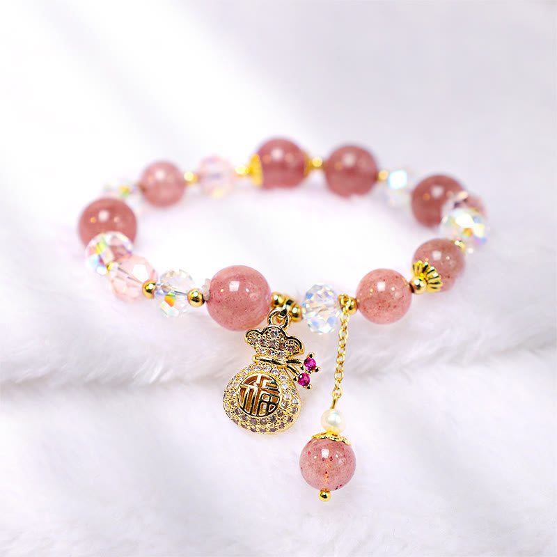 Natural Strawberry Quartz Crystal Beaded Bracelet with Carved Money Bag Charm