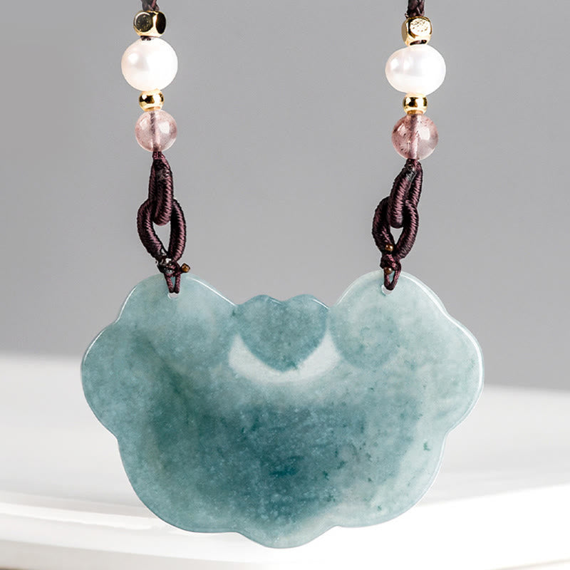 Natural Jade Peony Flower Lock of Good Wishes Prosperity Necklace Pendant