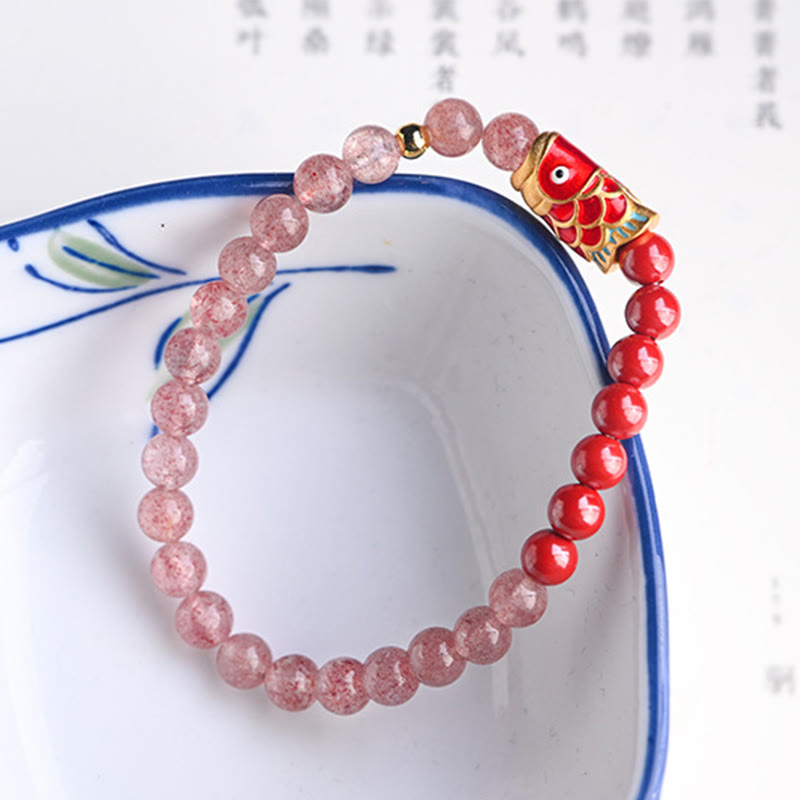 Natural Strawberry Quartz Cinnabar Lucky Koi Fish Healing Bracelet