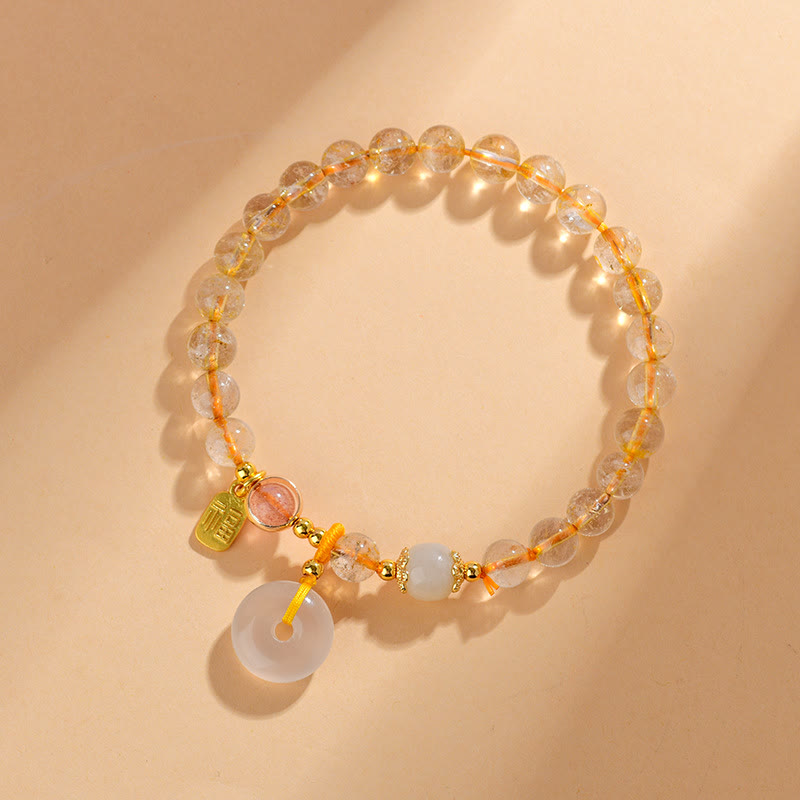 Natural Golden Rutilated Quartz Fu Character Peace Buckle Charm Wealth Bracelet