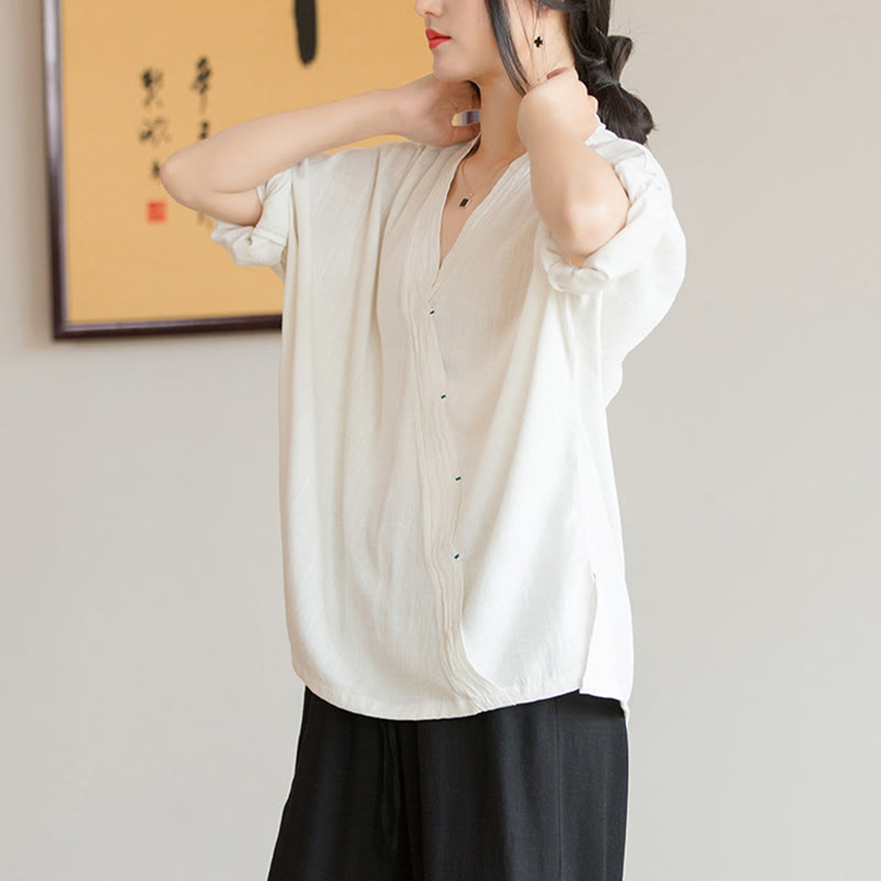 V-Neck Blouse Women Shirt Long Sleeve Top Chinese Hanfu Style Clothing