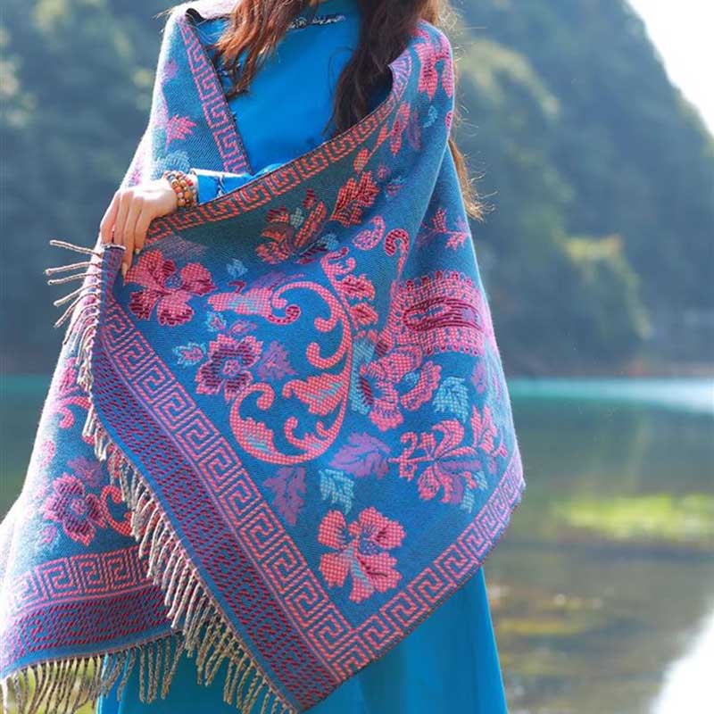Tibetan Flowers Leaves Pattern Design Shawl Cozy Travel Scarf Wrap