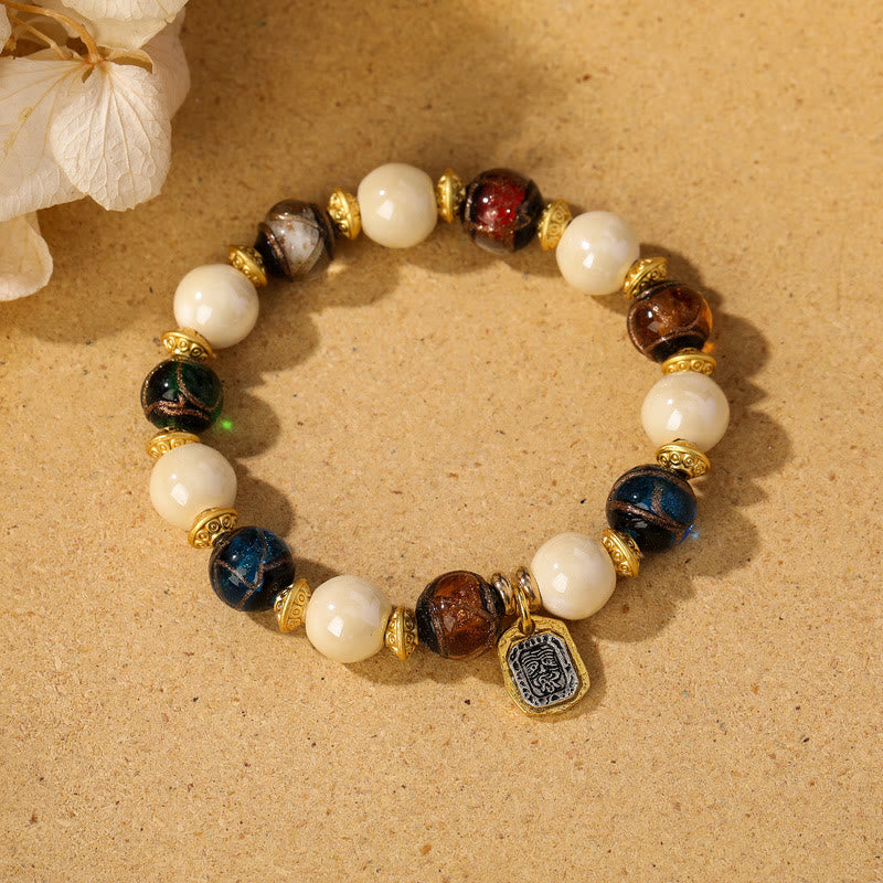 Tibetan Zakiram Goddess of Wealth Charm Liuli Glass Incense Ash Porcelain Bead Protection Bracelet