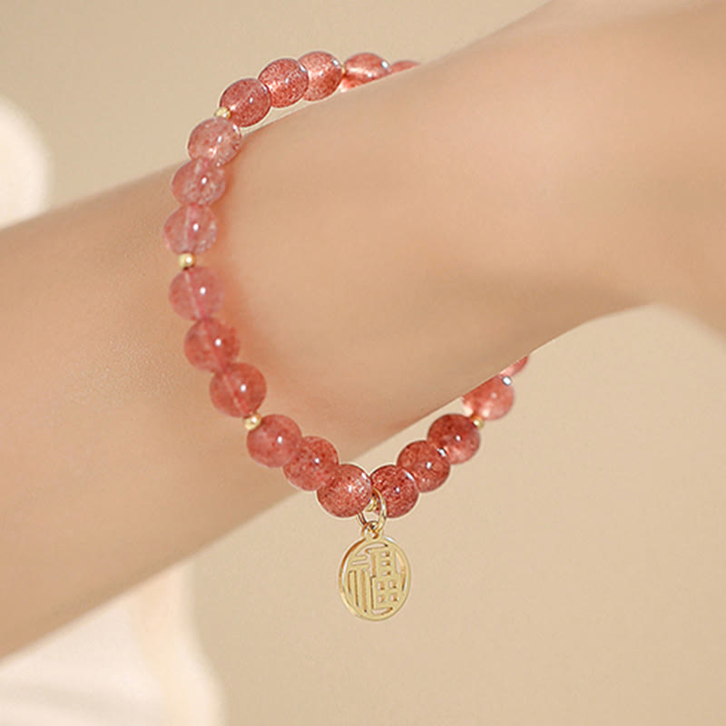 14K Gold Plated Strawberry Quartz Fu Character Healing Charm Bracelet