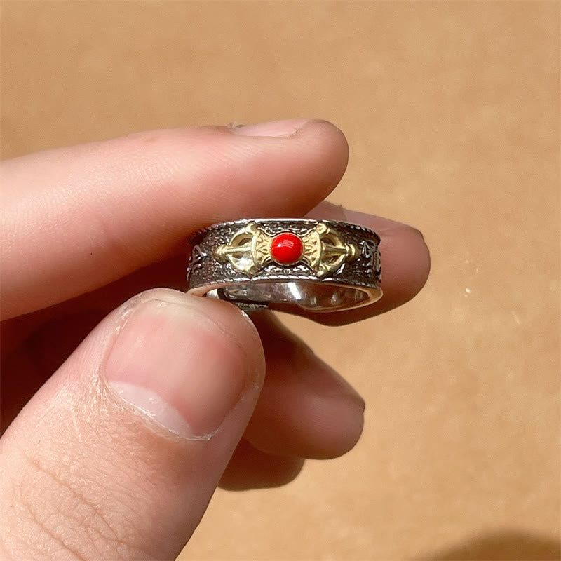 Tibetan Om Mani Padme Hum Red Agate Dorje Vajra Design Wisdom Ring