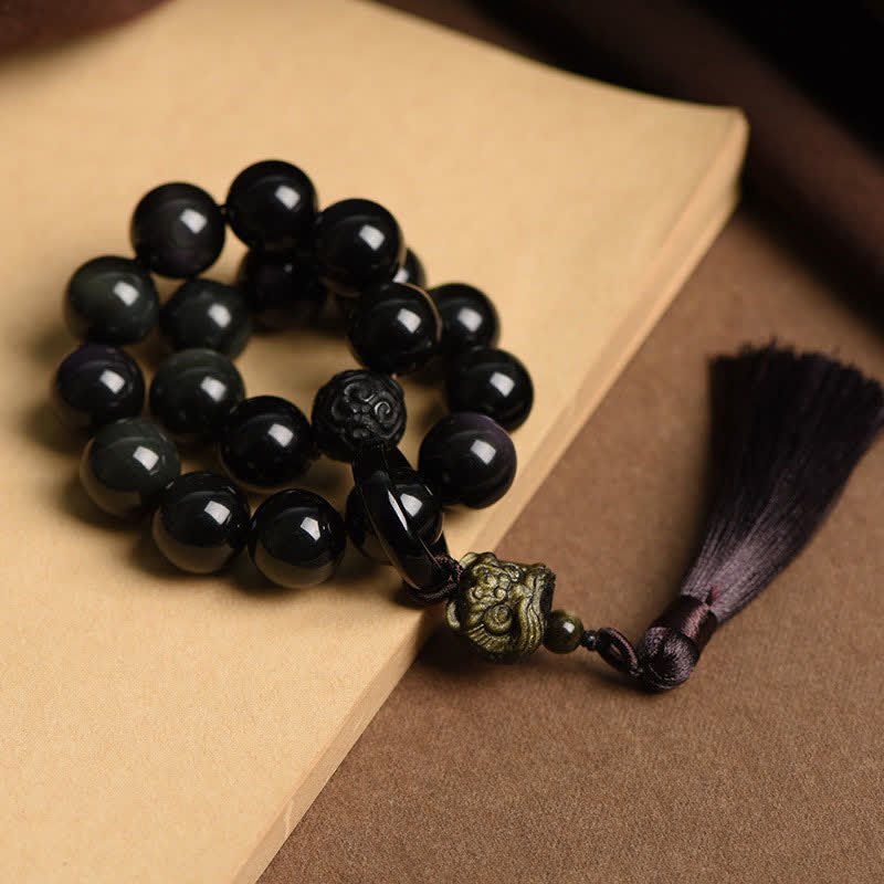 Natural Black Obsidian Lion Wrist Mala Protection Tassels Pocket Mala Car Decoration