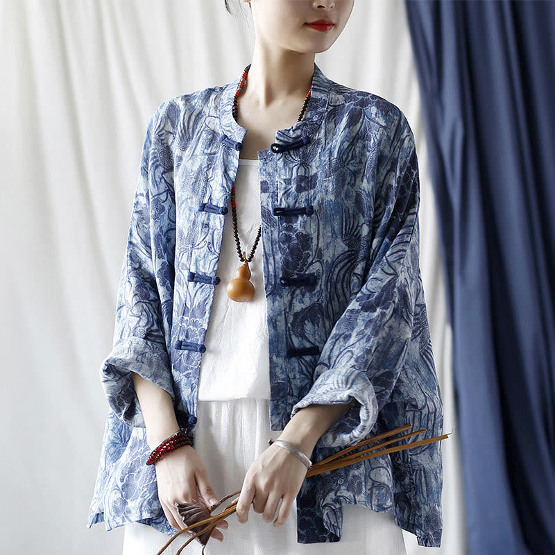 Ramie Linen Floral Stand Collar Meditation Jacket Shirt