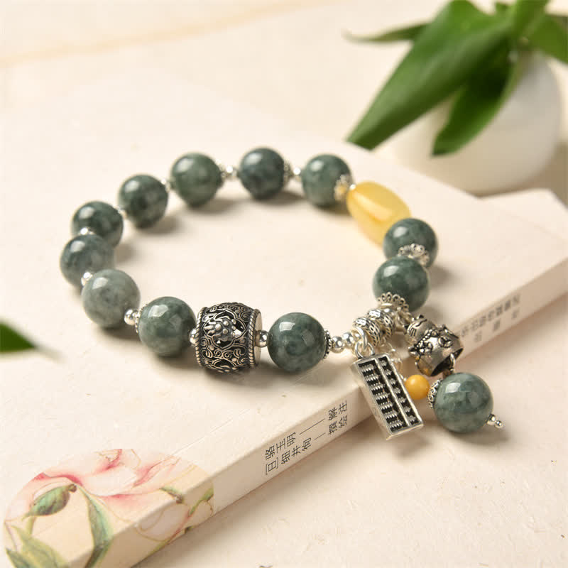 925 Sterling Silver Cyan Jade & Amber Abacus Lucky Cat Charm Bracelet