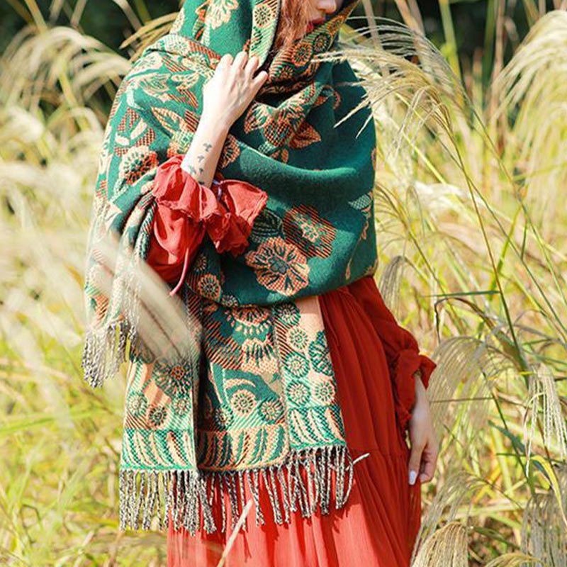 Tibetan Flower Floral Leaves Pattern Design Shawl Cozy Travel Scarf Wrap