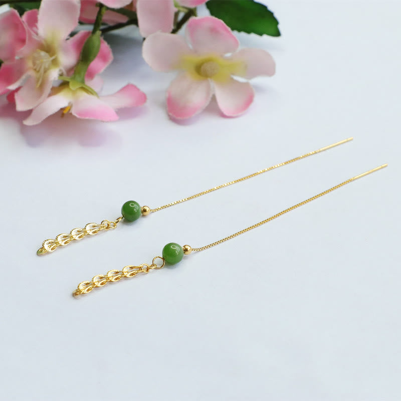 925 Sterling Silver Natural Hetian Cyan Jade Bead Luck Phoenix Tail Drop Earrings