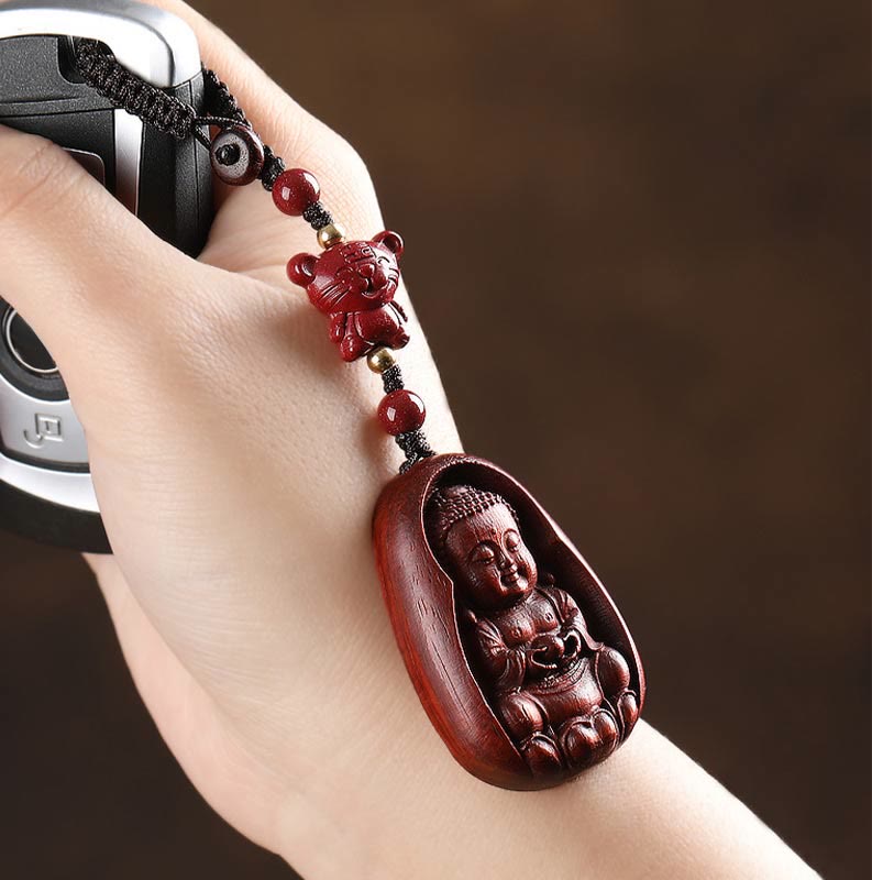 Small Leaf Red Sandalwood & Cinnabar Buddha Chinese Zodiac Carved Keychain
