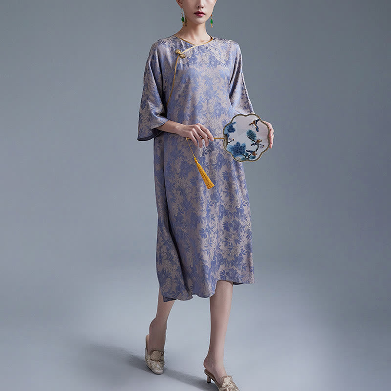 Small Flower Leaf Jacquard Chinese Cheongsam Qipao Midi Dress With Pockets