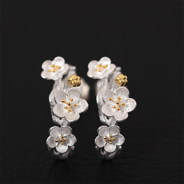 925 Sterling Silver Plum Blossom Floral Clear Quartz Earrings