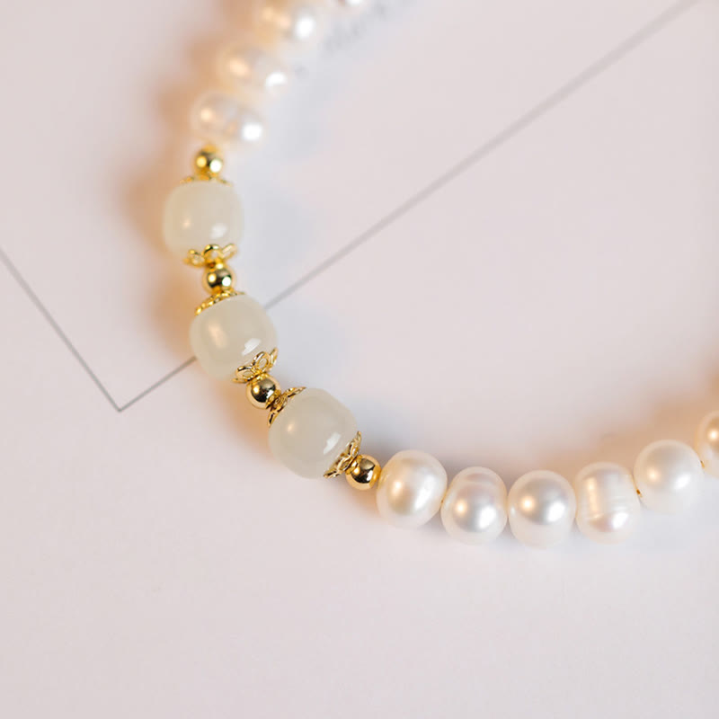 14K Gold Plated Natural Pearl & Hetian Jade Sincerity Bead Chain Bracelet