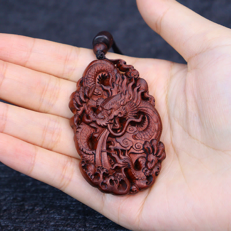 Lightning Struck Jujube Wood Double Dragon Relief Ward Off Evil Spirits Necklace Pendant
