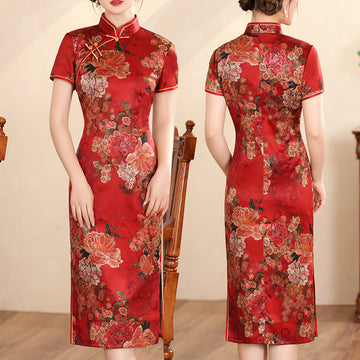Smooth Knit Lotus Peony Print Mindful Qipao Cheongsam Dress