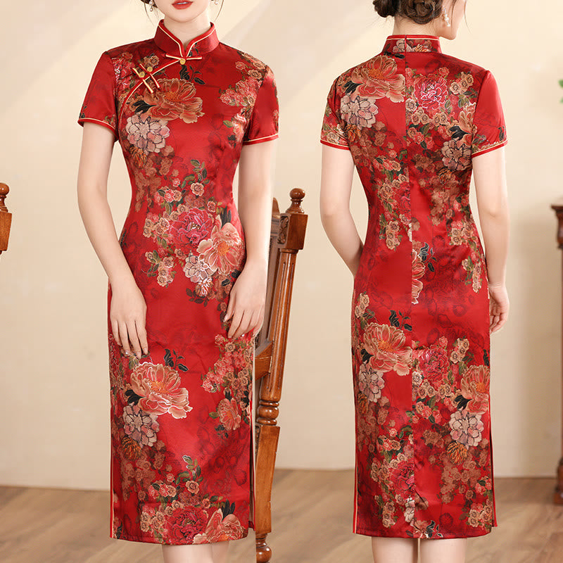 Smooth Knit Lotus Peony Print Mindful Qipao Cheongsam Dress