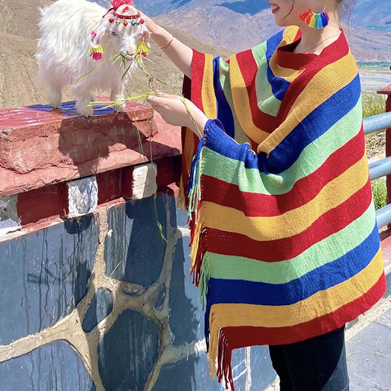 Knitted Striped Tassel Pullover Meditation Shawl Wrap