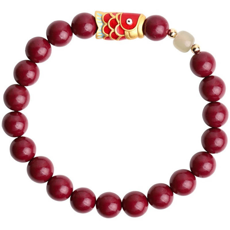 Natural Cinnabar & Hetian Jade Bead Bracelet with Koi Fish Symbol