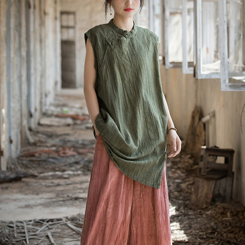 Handmade Tie Dye Ramie Linen Frog-Button Sleeveless Vest