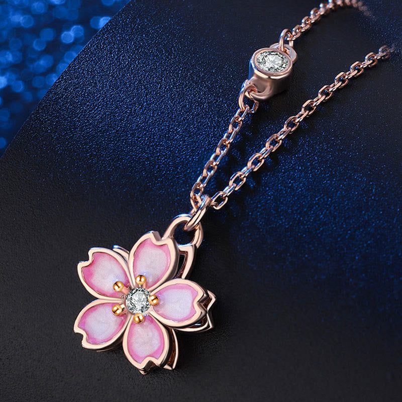 925 Sterling Silver Cherry Blossom Flower Rotatable Protection Necklace Pendant