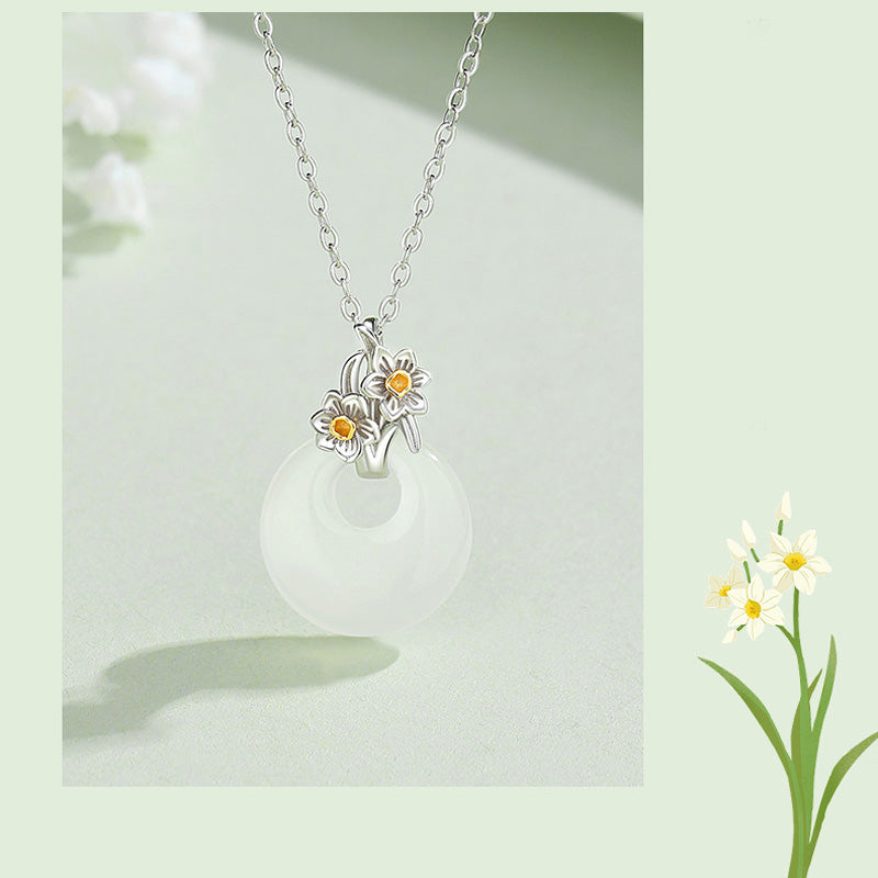 925 Sterling Silver Round Chalcedony Twelve Months Flower Harmony Necklace Pendant