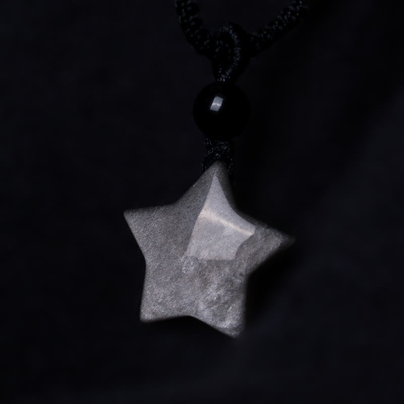 Natural Silver Sheen Obsidian Star Crescent Moon Protection Necklace Pendant