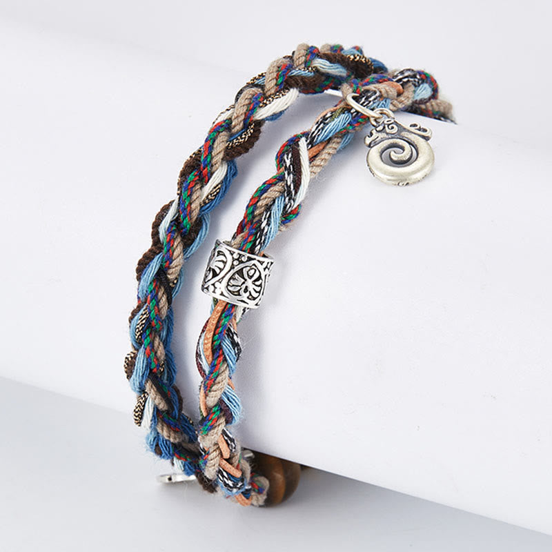Handmade 925 Sterling Silver Tiger Eye & Jade Om Mani Padme Hum Colorful Rope Bracelet