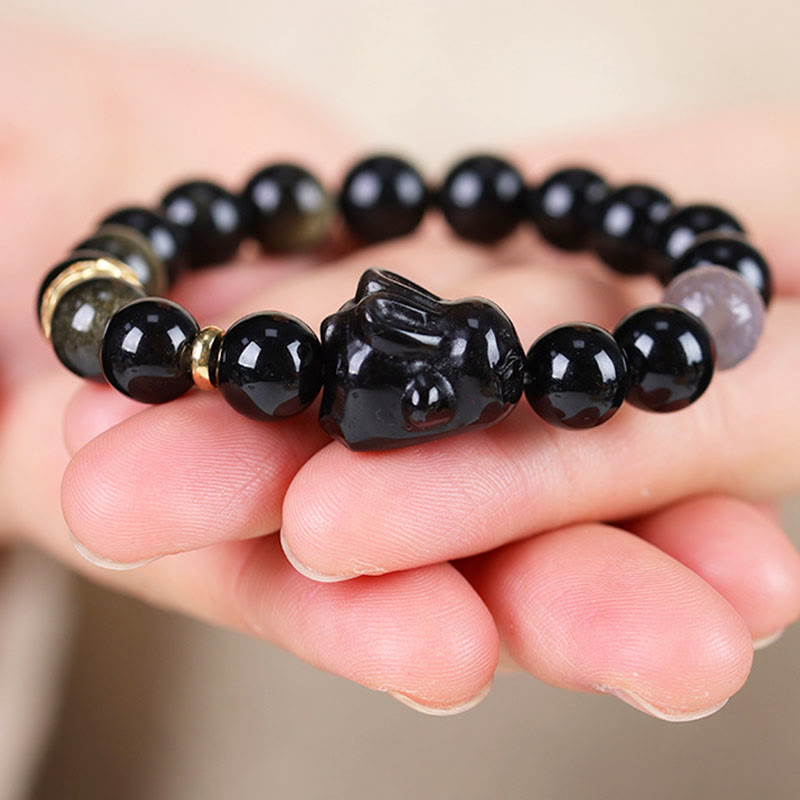 Gold Sheen Obsidian Black Obsidian Silver Sheen Obsidian Cute Rabbit Protection Bracelet