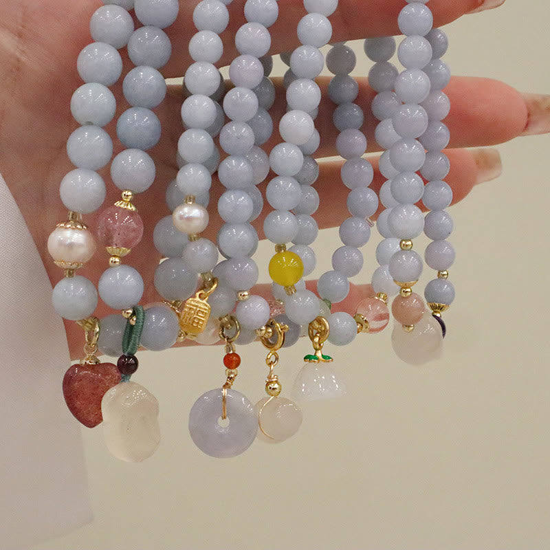 Natural Aquamarine & Chalcedony Beaded Charm Bracelet with Pearl & Symbolic Accents