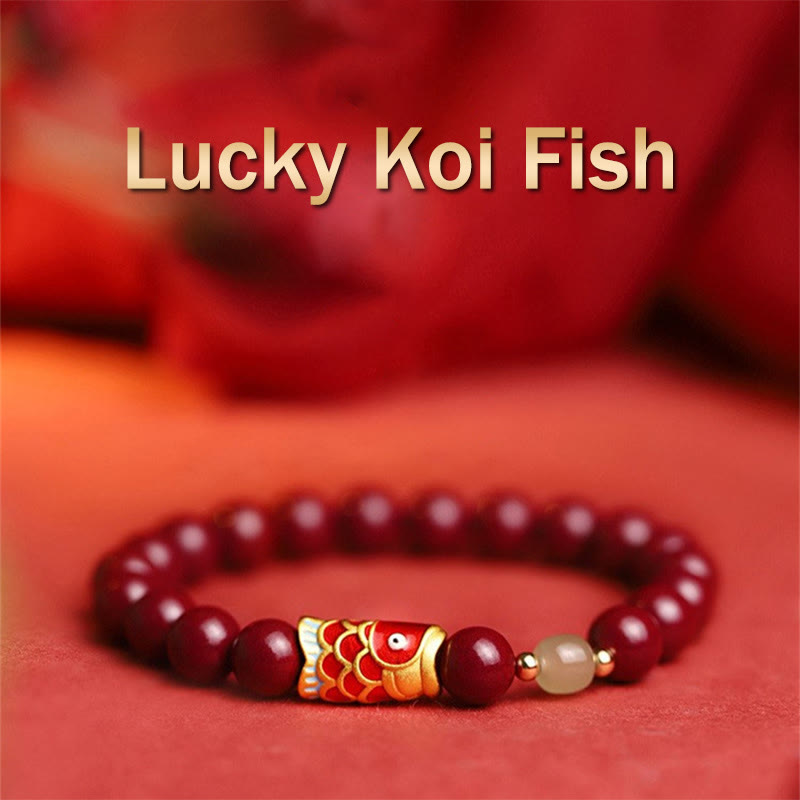 Natural Cinnabar & Hetian Jade Bead Bracelet with Koi Fish Symbol