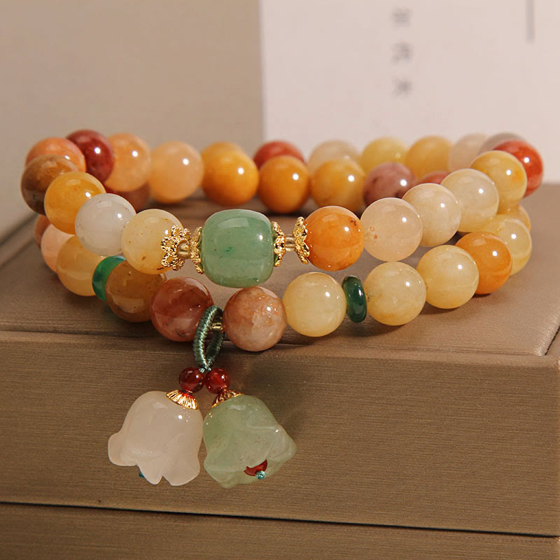 Tibet Natural Golden Silk Jade Double Layer Bell Orchid Luck Bracelet