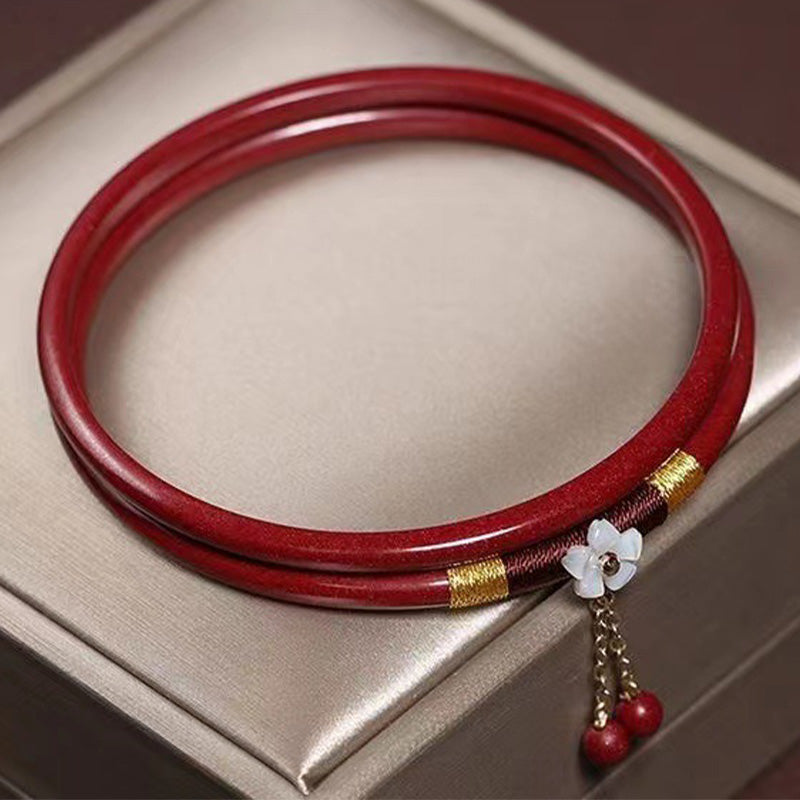 Carved Cinnabar Flower Bangle Bracelet Pair - 2-Piece Grounding Set