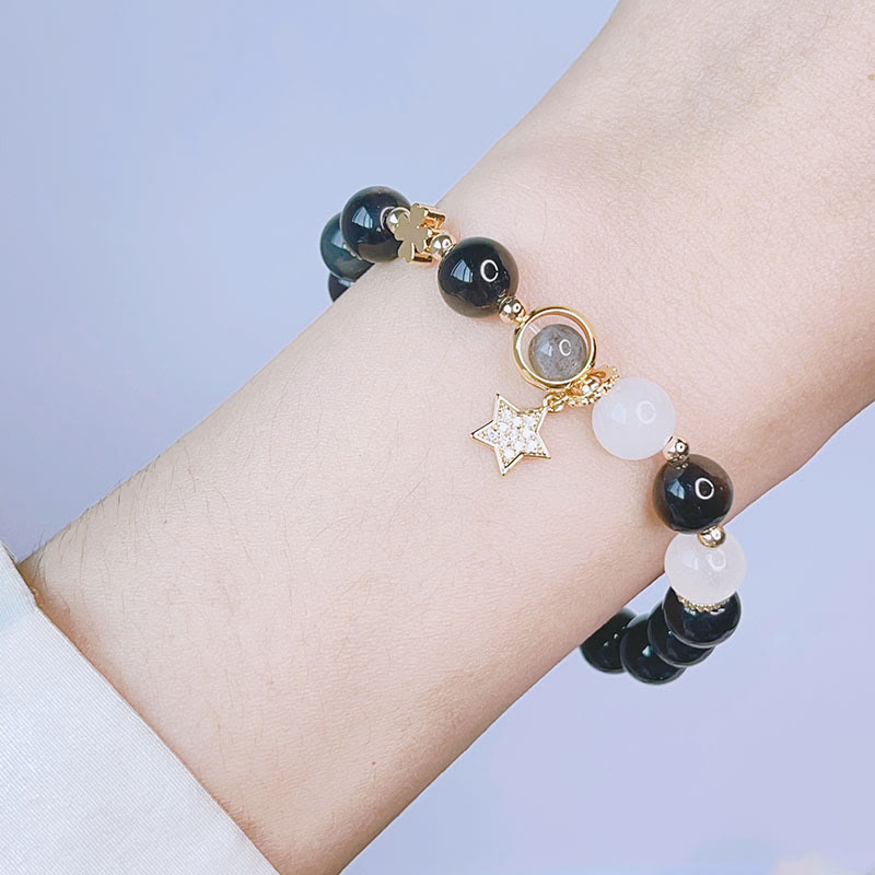Natural Silver Sheen Obsidian Love Heart Star Flower Protection Bracelet