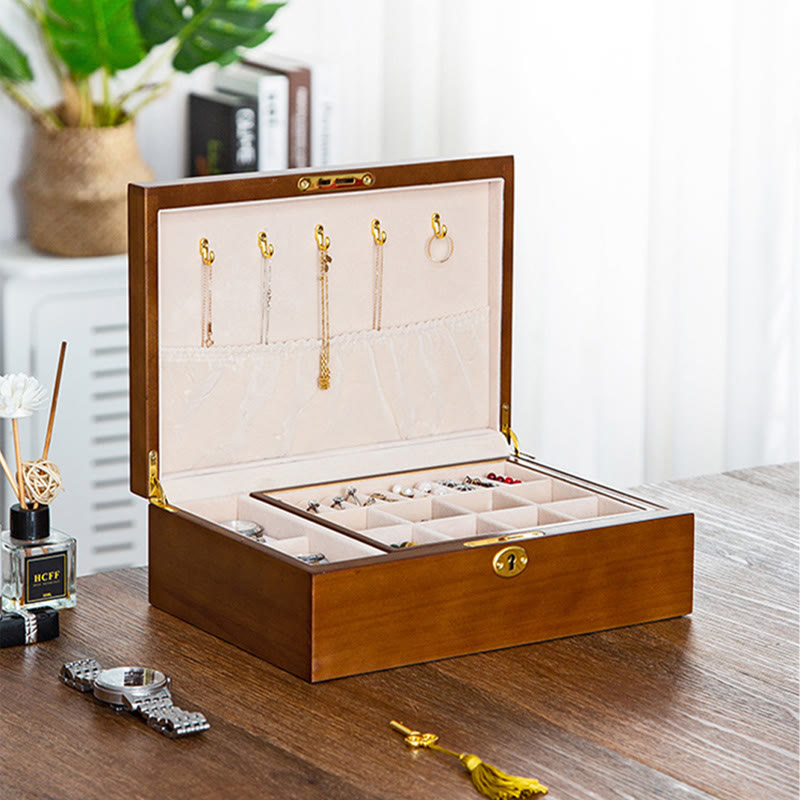 Vintage Wooden Jewelry Box Two-Layer Solid Wood Jewelry Storage Box