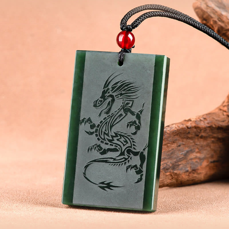 Hetian Cyan Jade Dragon Engraved Success Necklace Pendant