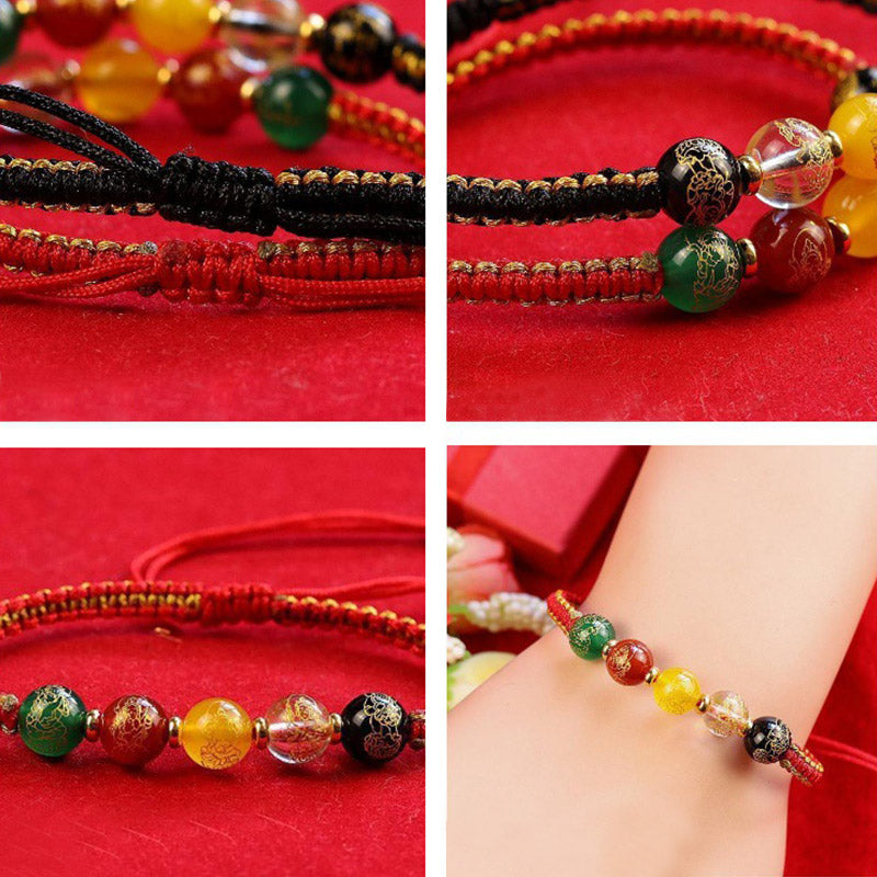Handmade Five Directions Agate & Onyx Gold Copper Braided Red String Bracelet