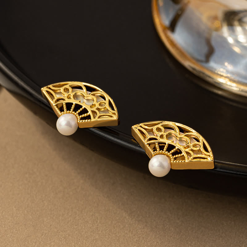 925 Sterling Silver Fan Pattern Pearl and Copper Stud Drop Earrings