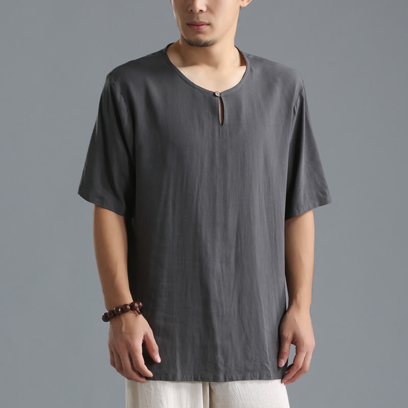 Breathable Cotton-Linen Crew Neck Short Sleeve Meditation Shirt