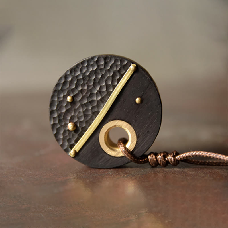 Handcrafted Round Ebony Wood Brass Copper Peace Necklace Pendant